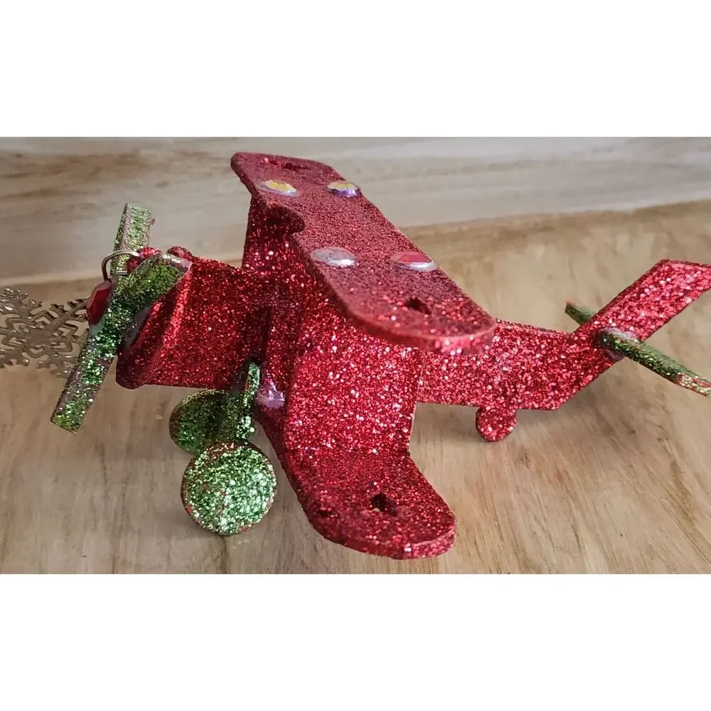 Christmas Tree Ornament Wooden Glitter Plane See Pictures